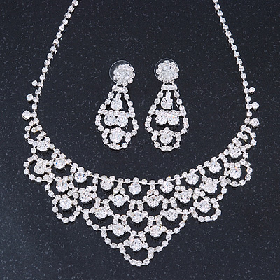 Bridal Clear Crystal 'Lacy' Bib Necklace And Drop Earring Set In Rhodium Plated Metal - 40cm L/ 10cm Ext