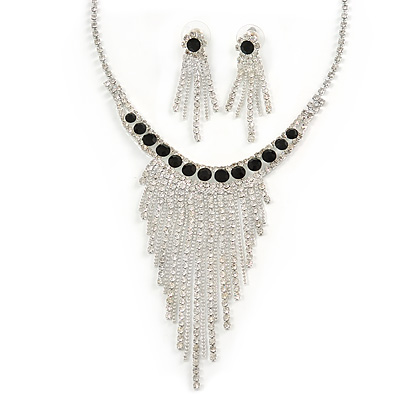 Statement Bridal Clear/ Black Crystal Fringe Necklace & Earrings Set In Silver Tone Metal - 35cm L/ 12cm Ext - main view