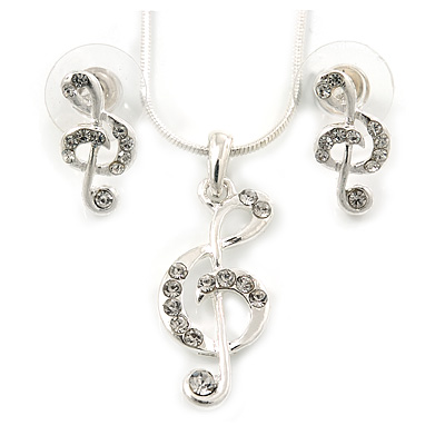 Clear Austrian Crystal Treble Clef Pendant With Silver Tone Chain and Stud Earrings Set - 46cm L/ 5cm Ext - Gift Boxed
