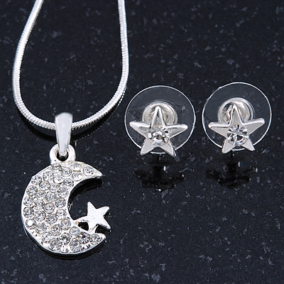 Clear Austrian Crystal Moon Pendant With Silver Tone Chain and Stud Earrings Set - 40cm L/ 5cm Ext - Gift Boxed