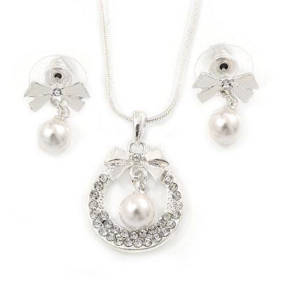 Clear Austrian Crystal Simulated Pearl Bow Pendant with Silver Tone Chain and Stud Earrings Set - 40cm L/ 6cm Ext - Gift Boxed