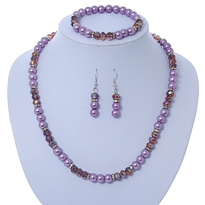 Pink/ Lilac Glass Bead With Crystal Rings Necklace, Flex Bracelet & Drop Earrings Set In Silver Tone - 44cm L/ 5cm Ext