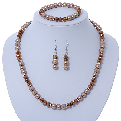 Light Brown/ Topaz Glass Bead With Crystal Rings Necklace, Flex Bracelet & Drop Earrings Set In Silver Tone - 44cm L/ 5cm Ext