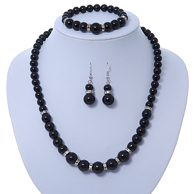 Black Ceramic Bead Necklace, Flex Bracelet & Drop Earrings With Crystal Ring Set In Silver Tone - 44cm Length/ 6cm Extension