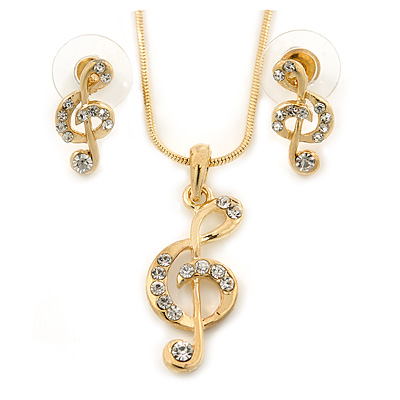 Clear Austrian Crystal Treble Clef Pendant With Gold Tone Chain and Stud Earrings Set - 46cm L/ 5cm Ext - Gift Boxed - main view