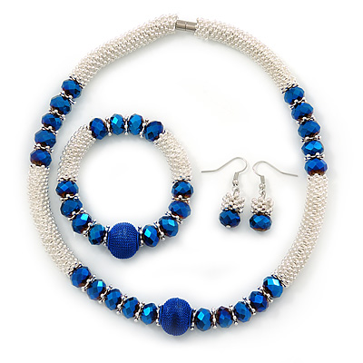 Light Silver Snowflake Metal Rings with Blue Glass Beads Necklace with Magnetic Closure (42cmL), Flex Bracelet (17cmL) and Drop Earring (35mm L) Set