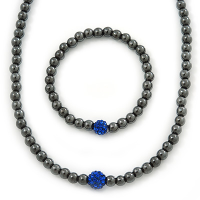 43cm L Hematite Bead with Blue Crystal Ball Magnetic Necklace And 18cm L Flex Bracelet Set - main view