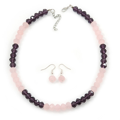Pink/ Purple Faceted Glass Bead Necklace And Drop Earrings Set In Silver Tone - 42cm L/ 5cm Ext