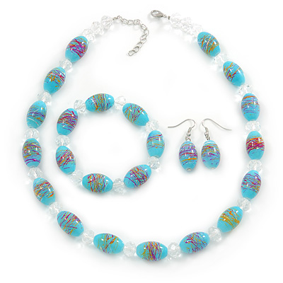 Light Blue Glass 'Grapes' Beaded Necklace, Flex Bracelet And Drop Earrings Set In Silver Tone - 44cm L/ 5cm Ext