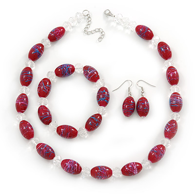 Cranberry Glass 'Grapes' Beaded Necklace, Flex Bracelet And Drop Earrings Set In Silver Tone - 44cm L/ 5cm Ext - main view