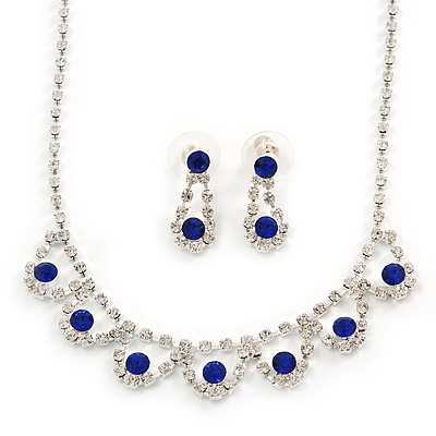 Bridal/ Wedding/ Prom Delicate Sapphire Blue/ Clear Austrian Crystal Necklace And Drop Earrings Set In Silver Tone - 36cm L/ 6cm Ext