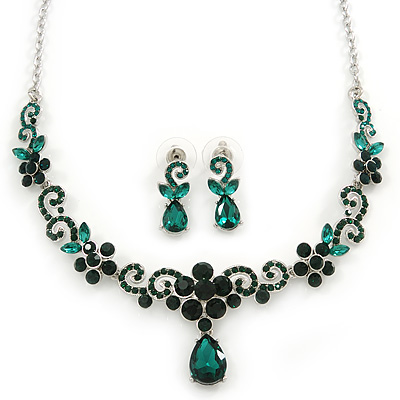 Bridal/ Prom/ Wedding Green Austrian Crystal Floral Necklace And Earrings Set In Silver Tone - 46cm L/ 5cm Ext