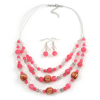 Pink/ Transparent Glass & Ligth Brown Ceramic Bead Multi Strand Wire Necklace & Drop Earrings Set In Silver Tone - 48cm L/ 4cm Ext