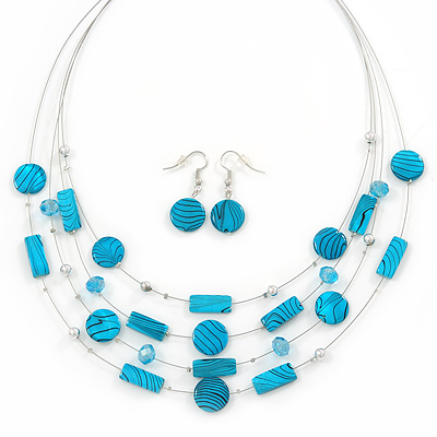 Blue Stripy Shell And Crystal Bead Multi-Strand Necklace And Drop Earrings In Silver Tone - 50cm L/ 4cm Ext