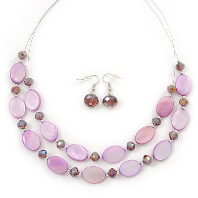 Light Purple Oval Shell & Round Crystal Floating Bead Necklace & Drop Earring Set - 46cm L/ 4cm Ext - main view