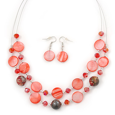 Red Shell & Crystal Floating Bead Necklace & Drop Earring Set - 46cm Length/ 4cm extension - main view