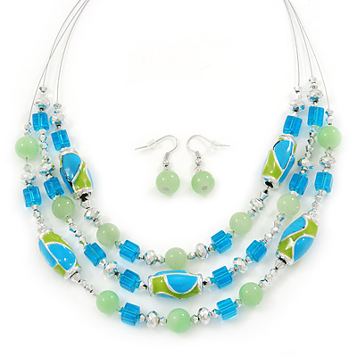 Mint/ Olive/ Light Blue Glass & Enamel Bead Multi Strand Wire Necklace & Drop Earrings Set In Silver Tone - 44cm L/ 3cm Ext
