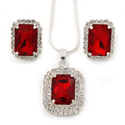 Red/ Clear Crystal Square Pendant with Silver Tone Chain and Stud Earrings Set - 44cm L/ 5cm Ext - main view