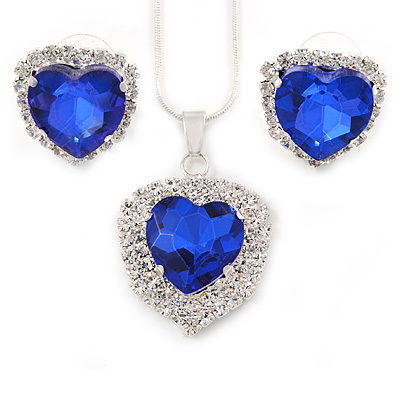 Blue/ Clear Crystal Heart Pendant with Silver Tone Chain and Stud Earrings Set - 44cm L/ 6cm Ext
