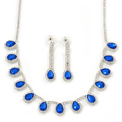 Bridal/ Wedding/ Prom Sapphire Blue/ Clear Austrian Crystal Necklace And Drop Earrings Set In Silver Tone - 36cm L/ 11cm Ext - main view