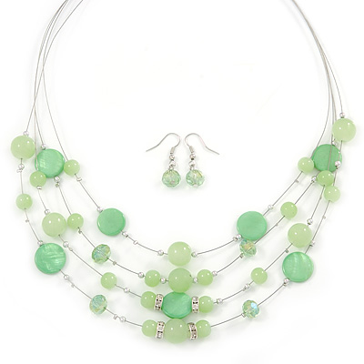 Light Green Shell & Crystal Floating Bead Necklace & Drop Earring Set - 52cm L/ 5cm Ext - main view