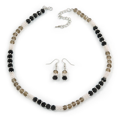 Light Silver Snowflake Metal Rings with Black/ Grey Glass Beads Necklace and Drop Earrings Set - 44cm L/ 6cm Ext