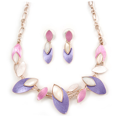 Delicate Matt Enamel Leaf Necklace & Drop Earrings In Rose Gold Tone Metal (Purple/ Pink/ White) - 39cm L/ 8cm Ext - Gift Boxed