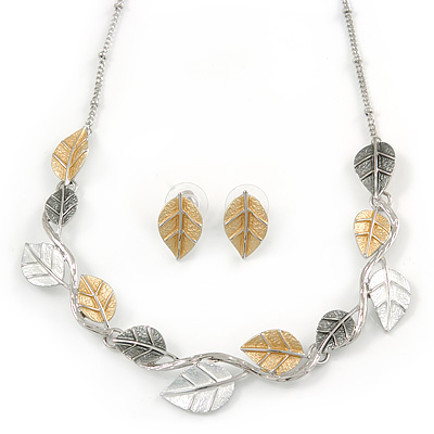 Delicate Gold/ Silver/ Grey Matt Enamel Leaf Necklace & Stud Earrings In Silver Tone Metal - 40cm L/ 8cm Ext - Gift Boxed - main view