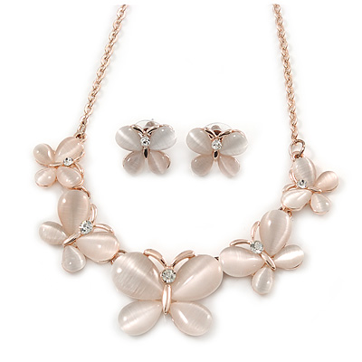 Romantic Nude Glass Butterfly Necklace and Stud Earrings Set In Rose Gold Tone - 46cm L/ 4cm Ext - Gift Boxed - main view