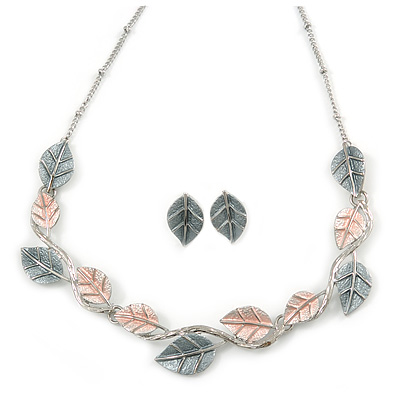 Delicate Pastel Pink/ Grey Matt Enamel Leaf Necklace & Stud Earrings In Silver Tone Metal - 40cm L/ 8cm Ext - Gift Boxed