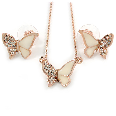 Clear Austrian Crystal Cream Enamel Butterfly Pendant with Rose Gold Tone Chain and Stud Earrings Set - 41cm L/ 4cm Ext - Gift Boxed