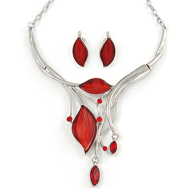 Romantic Glass, Crystal Red Leaf V Shape Necklace & Stud Earrings In Silver Tone Metal - 40cm L/ 8cm Ext - Gift Boxed - main view