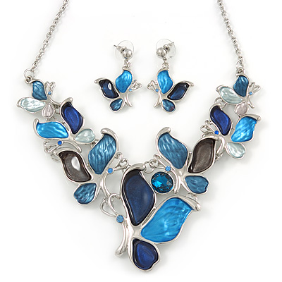 Romantic Glass, Crystal Blue Butterfly V Shape Necklace & Drop Earrings In Silver Tone Metal - 40cm L/ 8cm Ext - Gift Boxed