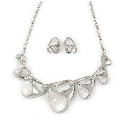 Abstract Milky White Glass 'Teardrops' Necklace & Stud Earrings In Rhodium Plated Metal - 41cm L/ 8cm Ext - Gift Boxed - main view