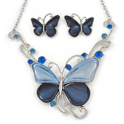 Romantic Glass, Crystal Blue Butterfly Necklace & Stud Earrings In Silver Tone Metal - 40cm L/ 8cm Ext - Gift Boxed - main view