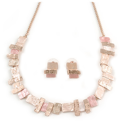 Geometric Multi Square Textured Necklace & Stud Earrings In Gold Tone (Matt Gold/ Pastel Pink) - 39cm L/ 8cm Ext - Gift Boxed - main view