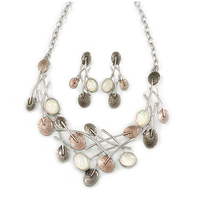 Abstract Pastel Brown/ Milky White Leaf Necklace & Stud Earrings In Rhodium Plated Metal - 40cm L/ 8cm Ext - Gift Boxed