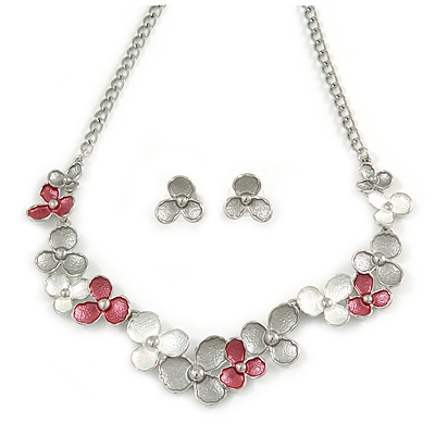 Romantic Grey/ White/ Raspberry Matt Enamel Floral Necklace & Stud Earrings In Rhodium Plated Metal - 40cm L/ 8cm Ext - Gift Boxed