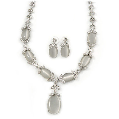 Bridal Clear Crystal Oval Cat Eye Stone Y-Necklace & Stud Earring Set In Rhodium Plated Metal - 48cm Long/ 5cm Front Drop