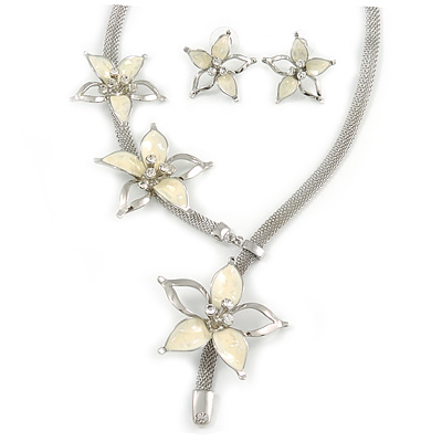 Silver Tone Mesh Y- Shape Necklace with Cream Enamel Flowers & Stud Earrings - 36cm L/ 10cm Ext - Gift Boxed - main view