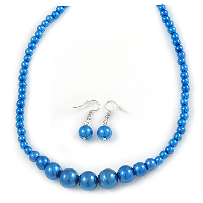 Electric Blue Graduated Glass Bead Necklace & Drop Earrings Set In Silver Plating - 44cm L/ 4cm Ext