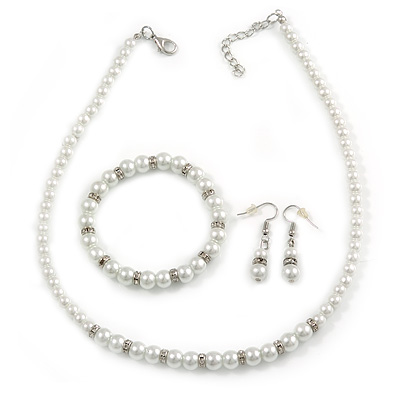 5mm, 7mm White Faux Glass Pearl/Crystal Bead Necklace, Flex Bracelet & Drop Earrings Set In Silver Plating - 42cm L/ 5cm Ext