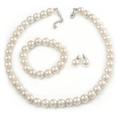 12mm Cream Faux Glass Pearl Bead Necklace, Flex Bracelet & Stud Earrings Set In Silver Plating - 46cm L/ 5cm Ext