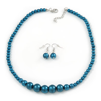 Teal Graduated Glass Bead Necklace & Drop Earrings Set In Silver Plating - 44cm L/ 4cm Ext