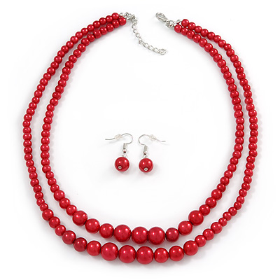 2 Strand Layered Intense Red Graduated Glass Bead Necklace and Drop Earrings Set - 50cm L/ 4cm Ext