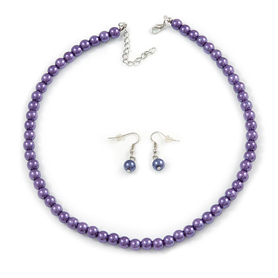 8mm Purple Glass Bead Necklace and Drop Earrings with Silver Tone Closure - 45cm L/ 5cm Ext