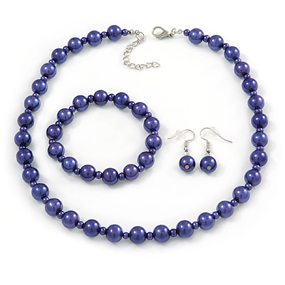 10mm Deep Purple Glass Bead Necklace, Flex Bracelet & Drop Earrings Set In Silver Plating - 42cm L/ 5cm Ext - main view
