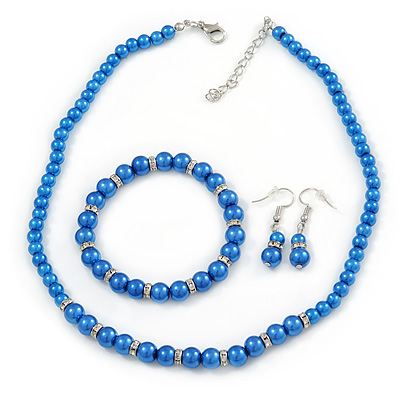 5mm, 7mm Electric Blue Glass/Crystal Bead Necklace, Flex Bracelet & Drop Earrings Set In Silver Plating - 42cm L/ 5cm Ext