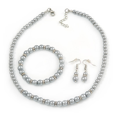 5mm, 7mm Light Grey Glass/ Crystal Bead Necklace, Flex Bracelet & Drop Earrings Set In Silver Plating - 42cm L/ 5cm Ext - main view