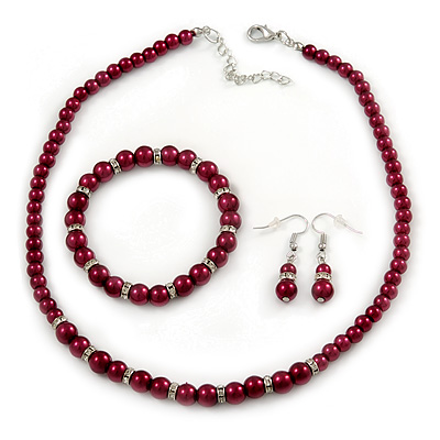 6mm, 8mm Cranberry Red Glass/ Crystal Bead Necklace, Flex Bracelet & Drop Earrings Set In Silver Plating - 42cm L/ 5cm Ext